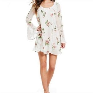 Whimsical White and Floral Flared Sleeve Dress (M)